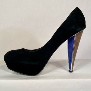 Bebe Black Suede Platform Pump with Triangular Color-Block Heel Size 8M